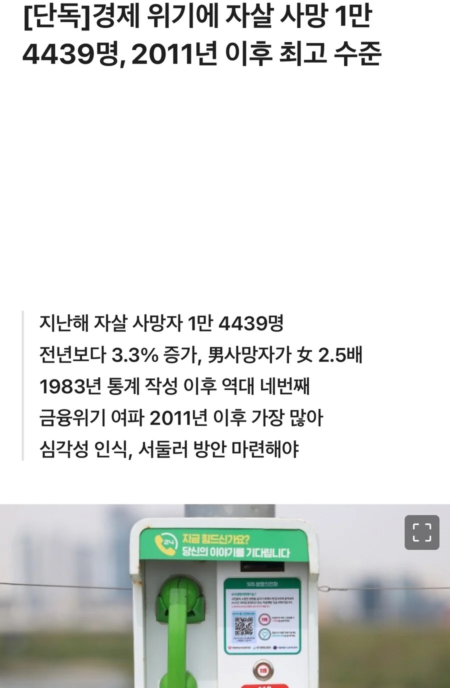 경제 위기에 자살 사망 1만 4439명, 2011년 이후 최고 수준